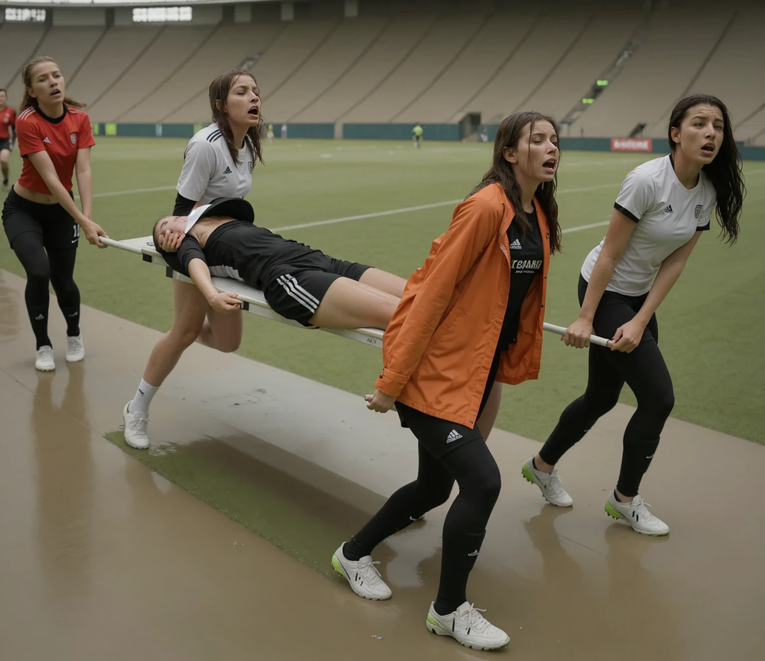 a soccer scene in a sports stadium, cool and wet weather conditions, humide ground, rainy sky, injury scene in a sports stadium, stretcher carry, there are four female medics carrying a stretcher, there are four female medics in very shiny coats who are carrying a stretcher in a sports stadium, there is a wounded male soccer player in a matte short cotton sports outfit lying on the stretcher, an injured male soccer player in matte cotton sportswear is lying in pain on a stretcher, a soccer player in matte cotton sports clothes is rearing up in intense pain while lying on a stretcher, dramatic scene, theatralic posing scene, dramatic pity scene, injury soccer, first aid, help, pity, there are four female medics in wetlook high-shine coats who are looking very sad and very terrified and very shocked, the injured soccer player is screaming out in pain while he is carried from the pitch on a stretcher
