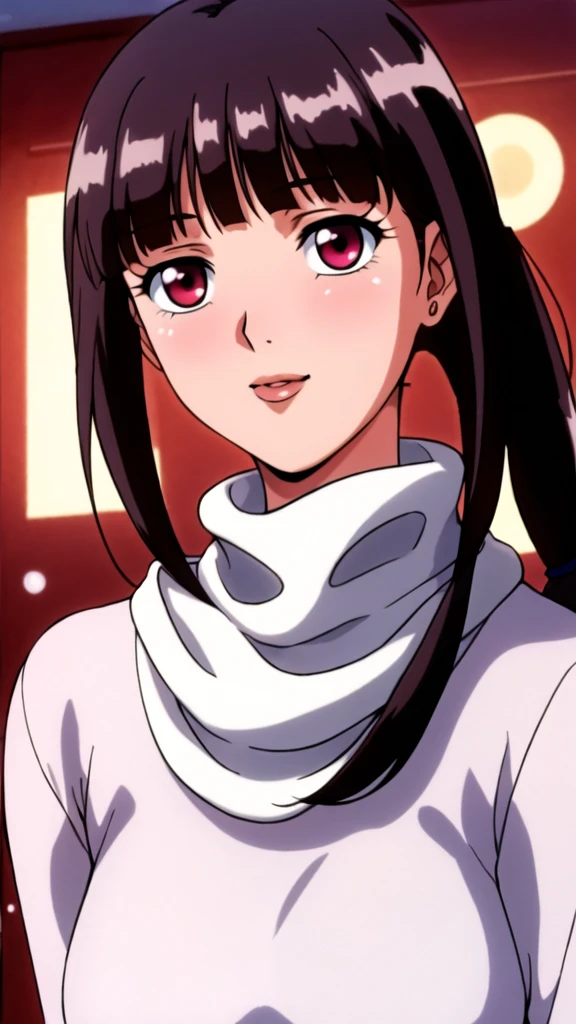 white turtleneck, black shirt,black long skirt,white belt,hair ornament, hair scrunchie,low ponytail,
long hair,bangs, black hair, blunt bangs,big red eyes,alone, 1 girl,Young female, 18 years old, very cute, smile, Beautiful Finger,Beautiful long legs,Beautiful body,Beautiful Nose,Beautiful character design, perfect eyes, perfect face,expressive eyes, looking at viewer, in the center of the image,(light smile:0.5), official art, indoor, portrait, perfect lighting,Colorful, Bright_Front_face_Lighting,shiny skin, (masterpiece:1.0),(best quality:1.0), ultra high res,4K,ultra-detailed, photography, 8K, HDR, highres, absurdres:1.2, Kodak portra 400, film grain, blurry background, bokeh:1.2, lens flare, (vibrant_color:1.2), (beautiful face), (curvy body), ashamed, blushing, glossy red lips, glossy red rouge, jealousy, SFW,