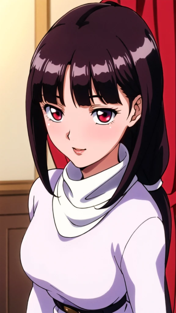 white turtleneck, black shirt,black long skirt,white belt,hair ornament, hair scrunchie,low ponytail,
long hair,bangs, black hair, blunt bangs,big red eyes,alone, 1 girl,Young female, 18 years old, very cute, smile, Beautiful Finger,Beautiful long legs,Beautiful body,Beautiful Nose,Beautiful character design, perfect eyes, perfect face,expressive eyes, looking at viewer, in the center of the image,(light smile:0.5), official art, indoor, portrait, perfect lighting,Colorful, Bright_Front_face_Lighting,shiny skin, (masterpiece:1.0),(best quality:1.0), ultra high res,4K,ultra-detailed, photography, 8K, HDR, highres, absurdres:1.2, Kodak portra 400, film grain, blurry background, bokeh:1.2, lens flare, (vibrant_color:1.2), (beautiful face), (curvy body), ashamed, blushing, glossy red lips, glossy red rouge, jealousy, SFW,