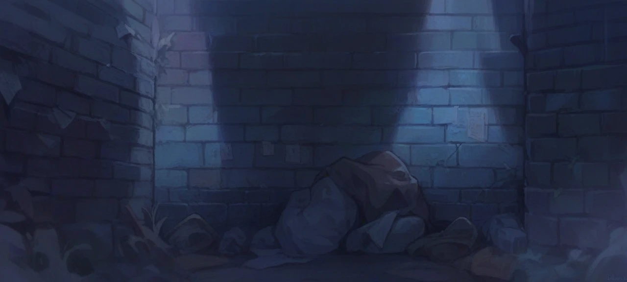 There is a blueish bricked wall