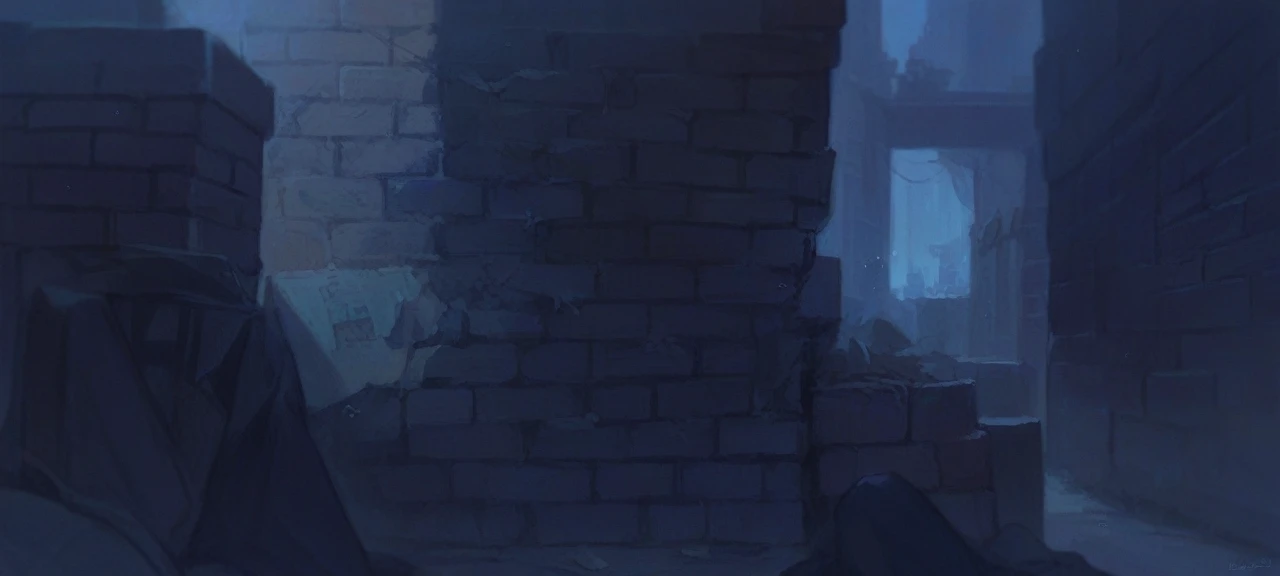 There is a blueish bricked wall
