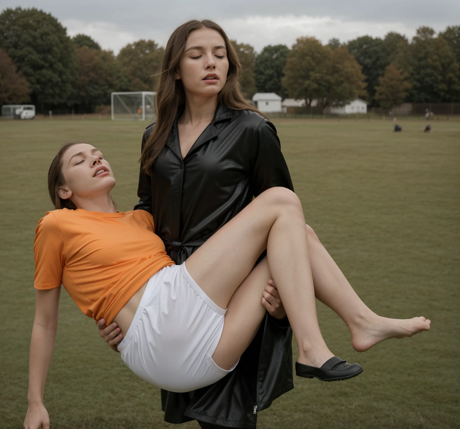a man is carried, a woman carries a man, a consciousless sportsman is carried, a man in sportswear is carried by a woman, woman in black pvc viny coat, soccer action pose, affection pose, lecherous action pose, dramatic action pose, theatralic pose, there is an attractive woman that is carrying a skinny man, there is a beautiful woman in a shiny coat who is carrying a blond man in her arms, a longhaired beautiful woman in a high-shine black puffy coat, a longhaired woman in a shiny downcoat, a woman is carrying a shorthaired man who is wearing matte cotton shorts and a matte cotton t-shirt, a weak man in matte cotton sports shorts is consciousless and needs to be carried, a shorthaired man with closed eyes is carried in the arms of a longhaired woman, a woman looks very scared and terrified, a consciousless man with closed eyes is suffering very much and has a very painful face, photo, photo shoot, photographed , accident, help, aid, first aid, pity, a bad bruise on a man's ankle