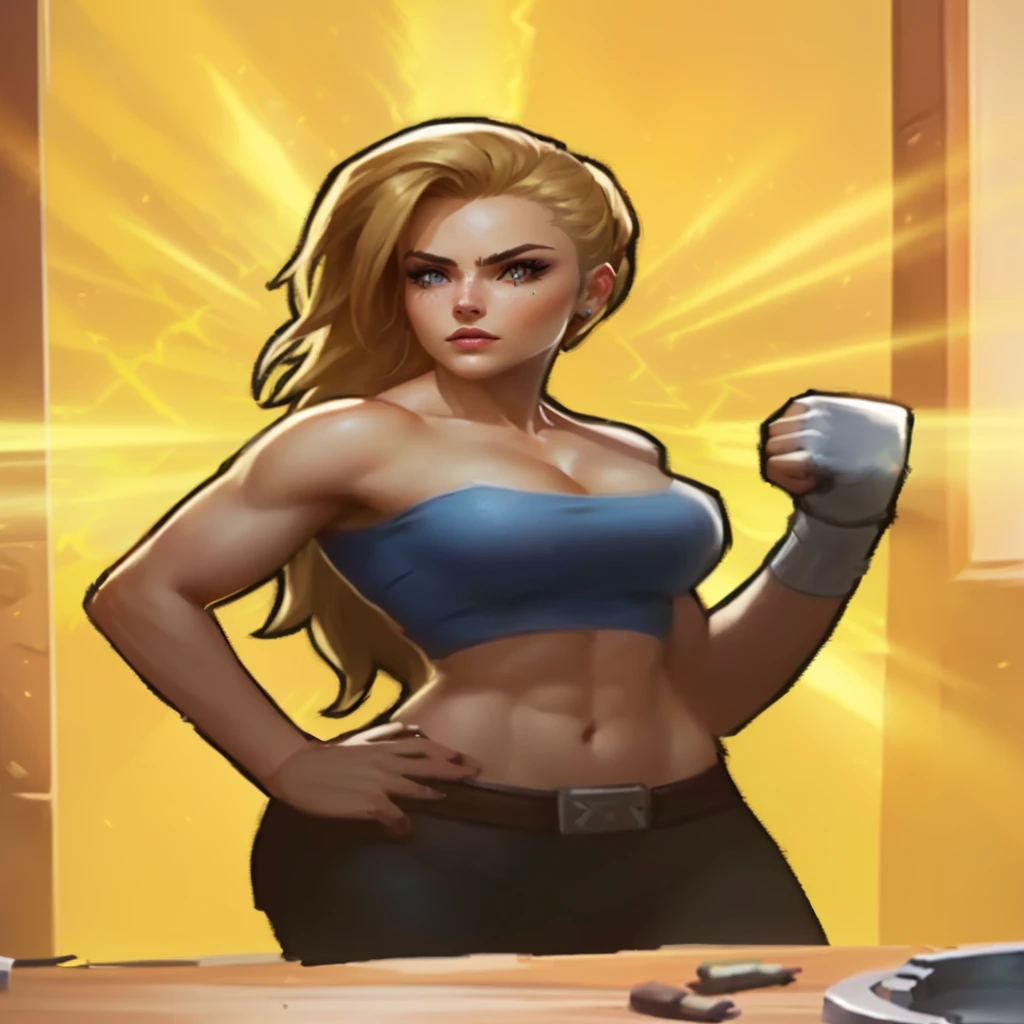 a close up of a cartoon of a woman with a fist, kda, jaina proudmoore, senna from league of legends, sigma female, inspired by Daryush Shokof, brigitte, heroic fighter, sfw version, brigitte from overwatch, avatar image, muscular sweat lara croft, fighter pose, hero pose, confident heroic pose, jaina solo