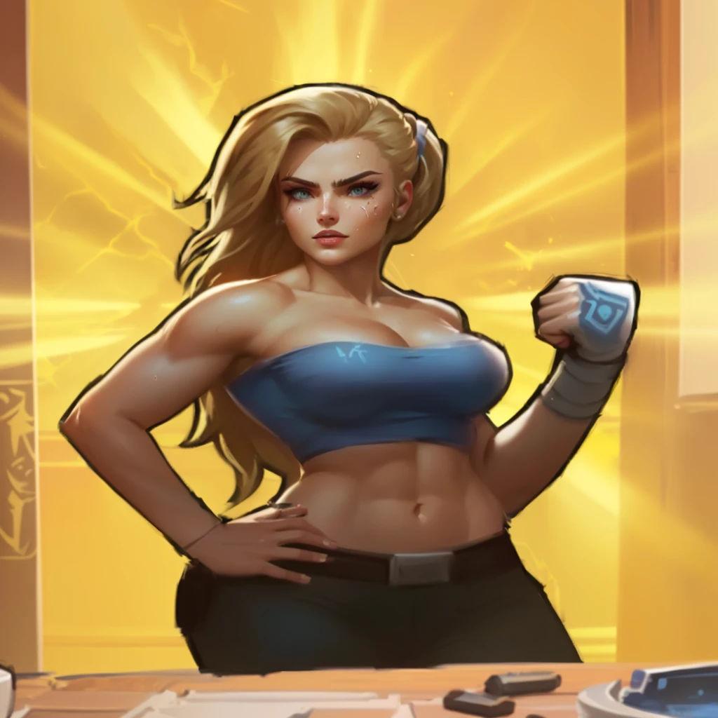 a close up of a cartoon of a woman with a fist, kda, jaina proudmoore, senna from league of legends, sigma female, inspired by Daryush Shokof, brigitte, heroic fighter, sfw version, brigitte from overwatch, avatar image, muscular sweat lara croft, fighter pose, hero pose, confident heroic pose, jaina solo
