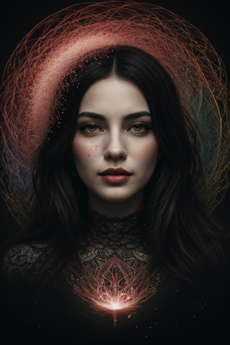 Holy death, Best Quality, digital paint, extremely seeds, fluid, 3D Fractals, light particles, Dreamer, seeds, shimmering, Dreamer glow, conceptual art by alberto seveso, Anna Dittmann, Arturo Rackham, harmonious color scheme, 32k, dry charcoal and crimson color inks line art Dreamer female portrait with lot of lace filigrees on black canvas illustration described in the perfect fractal style of Vassily Kandinsky, Jackson Pollock, Alphonse Mucha and Jeremy Mann, site, 4K modifiers: Penumbra 4K 3D