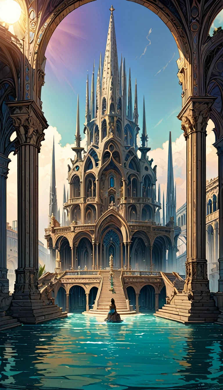 scenery in the ocean without water, beautiful giant goddess hybrid, bigger than building, charming smile, wearing chiton, sitting, small backgrounds, concept art, fantasy art, arenas like the Sagrada Família, delicate and meticulous buildings in the Gothic, Romanesque, Baroque, Renaissance, Rococo, Art Nouveau and Northern Renaissance styles towering over the sea, conceptual installation art, 2.5D, delicate and dynamic, magic of vivid color shades and contrasts, gradation, foggy filter effect, sun light effects, Cute Girl