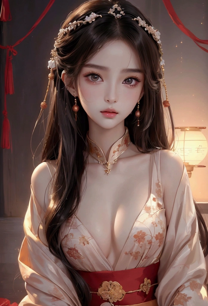 Best image quality、8k、masterpiece：1.3))、Realistic high-quality photos、Highest quality、 Beautiful face、Photos of slim models、Beautiful girl model、Young and pretty face、Beautiful model girl、A lovely and delicate face、Black Hair、Beautiful brown eyes、Young Body、Hanfu, (emphasize)、from the front、Camera gaze,、Anatomically correct、胸の谷間をemphasize、whole body、13-year-old female model
