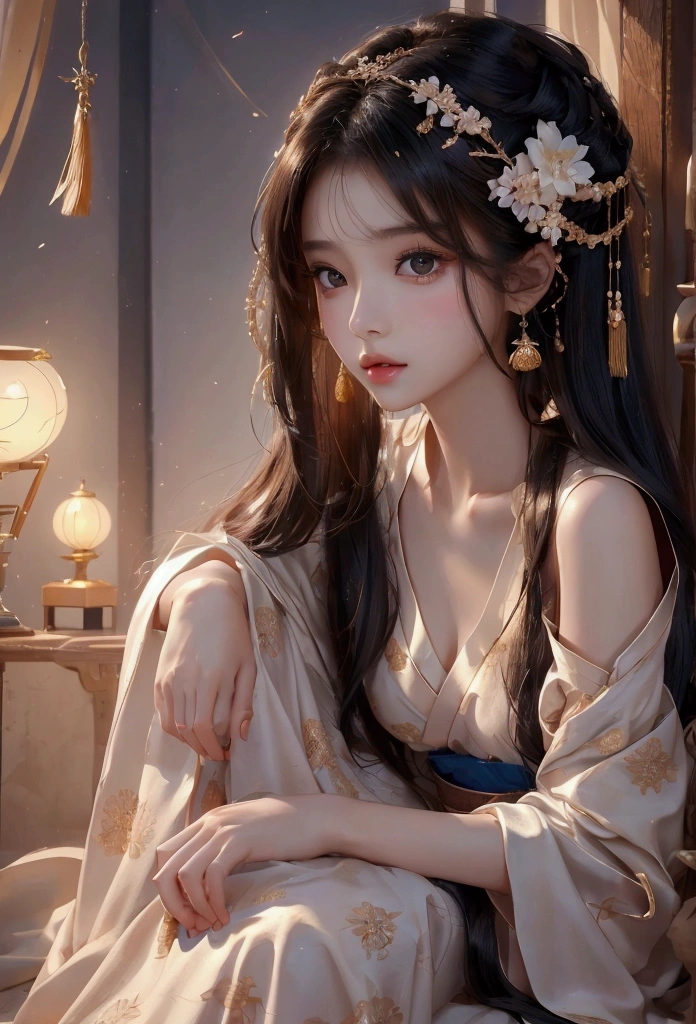 Best image quality、8k、masterpiece：1.3))、Realistic high-quality photos、Highest quality、 Beautiful face、Photos of slim models、Beautiful girl model、Young and pretty face、Beautiful model girl、A lovely and delicate face、Black Hair、Beautiful brown eyes、Young Body、Hanfu, (emphasize)、from the front、Camera gaze,、Anatomically correct、胸の谷間をemphasize、whole body、13-year-old female model