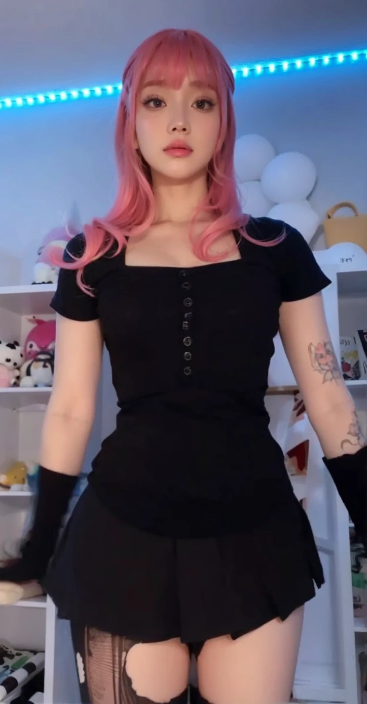 Leave it as it is, enhance it, pretty face, cute face, pink hair, nice body, voluminous hair, bangs, put volume on the hair