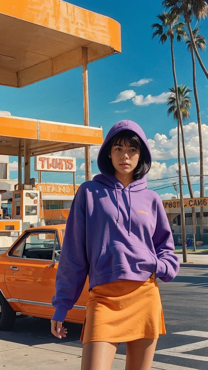 Fujifilm XT3,1 girl,close up photo, wear (((color orange oversized_hoodie))), wear ((purple tennis skirt)),hands in hoodie pocket,looking front,Best Quality,Masterpiece,Ultra High Resolution,(Realisticity:1.4),Original Photo,light leak,ultra high resolution,UHD,beautiful, (bokeh:1) (black bob hair, almond eye, no makeup, in front of (80's colorful gas station), (realistic:1.2), (surreal:1.3), (very detailed:1.1), ((masterpiece)),summer, blue sky, palm trees,sunny, los angles vibes