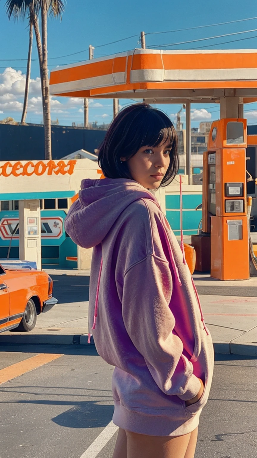 Fujifilm XT3,1 girl,close up photo, wear (((color orange oversized_hoodie))), wear ((purple tennis skirt)),hands in hoodie pocket,looking front,Best Quality,Masterpiece,Ultra High Resolution,(Realisticity:1.4),Original Photo,light leak,ultra high resolution,UHD,beautiful, (bokeh:1) (black bob hair, almond eye, no makeup, in front of (80's colorful gas station), (realistic:1.2), (surreal:1.3), (very detailed:1.1), ((masterpiece)),summer, blue sky, palm trees,sunny, los angles vibes