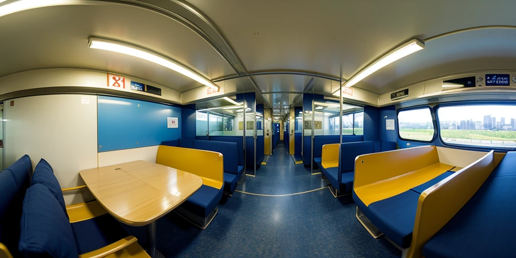 Equirectangular 360-degree panorama view photo with left and right ends seamlessly connected. Yamanote Line, in a train, blue seat