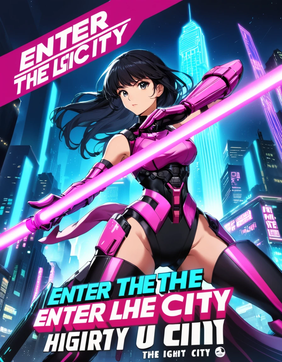 (1980s anime style), (movie poster:1.2), (title logo “ENTER THE LIGHT CITY”:1.2), cyberpunk city background, vibrant neon, cyber samurai girl, black hair, long hair, hold light saber, pink cyber samurai armor, (action pose),