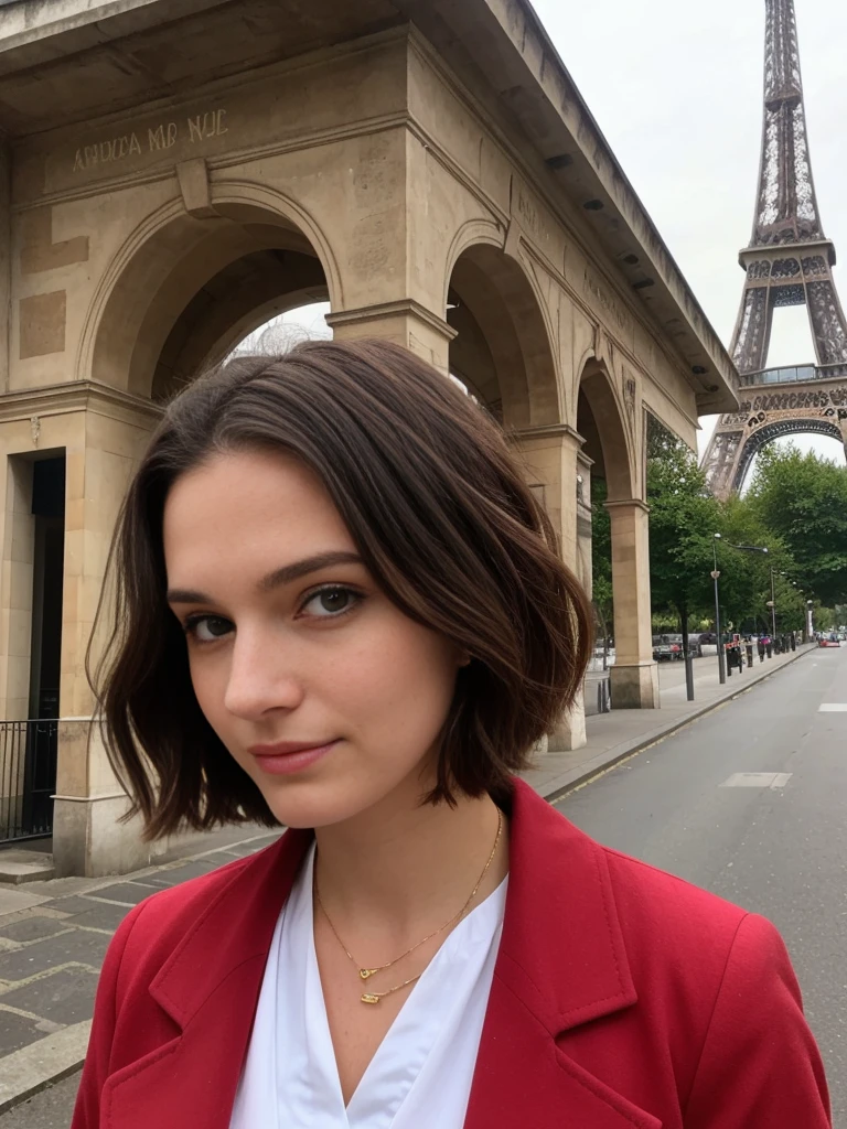 Madeline Lewis, 1girl, solo, (((consistent face and image))), ((brunette hair)), ((cranky hair)), ((20 years old)), realistic, photorealistic, short hair, (((Caucasian mature woman))), (Swiss woman), (Swiss nose), (Swiss thick lips), posing outside the Iconic landmark of Eifel tower, smirking, standing, wearing In style in trend Generation-Z modern wear different colored,
