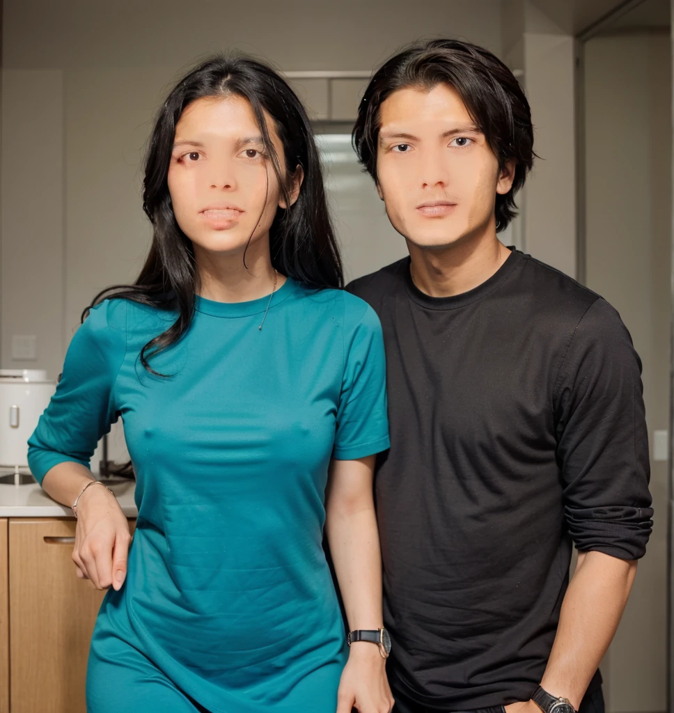The man's shirt is light-black, his pants are black,his hair is wavy black and he has a watch on his left hand. The woman is wearing a light-purple dress, her hair is black, and she is wearing a watch on her right hand. Both are a couple. The color of the skin is Black. The floor is an old house indian cupple