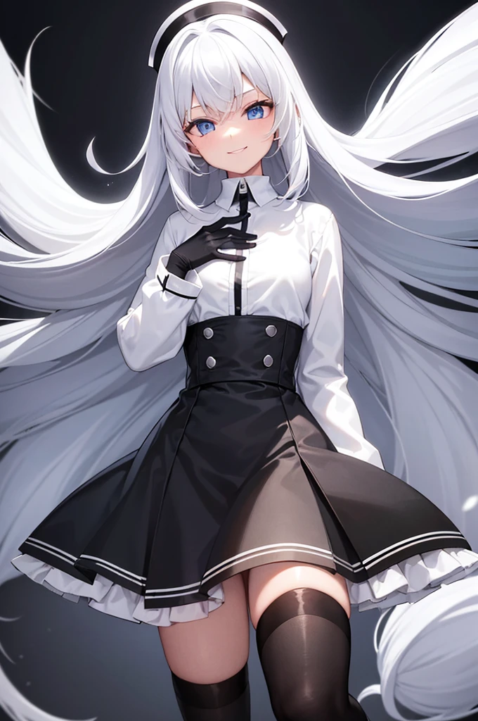 girl, long sleeve white shirt, black gloves, Little smile, long white hair, short black skirt, blue eyes, Long black stockings.