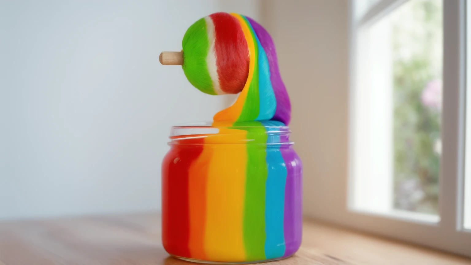 on a wooden table, there's a jar with rainbow cream inside, ice cream (sphere) red white and green, ice cream на деревянной палочке окунули в радужный крем, rainbow cream drips, against the background of the kitchen, against the background of the window, contour light, Multiple light sources, beautiful lighting, Bright light source, bright lighting, beautiful light sources, Multiple light sources, Realistic style , realistic texture, detailed texture, a high resolution, high quality, ultra hd 4k