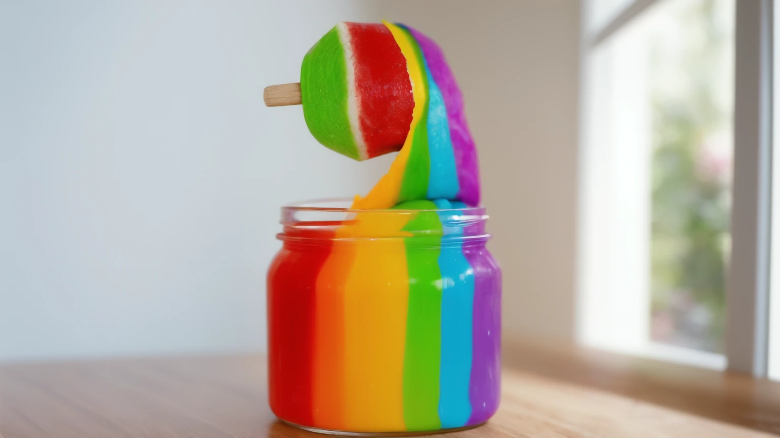 on a wooden table, there&#39;s a jar with rainbow cream inside, ice cream (sphere) red white and green, ice cream на деревянной палочке окунули в радужный крем, rainbow cream drips, against the background of the kitchen, against the background of the window,  contour light, Multiple light sources, beautiful lighting, Bright light source, bright lighting, beautiful light sources, Multiple light sources, Realistic style , realistic texture, detailed texture, a high resolution, high quality, ultra hd 4k 