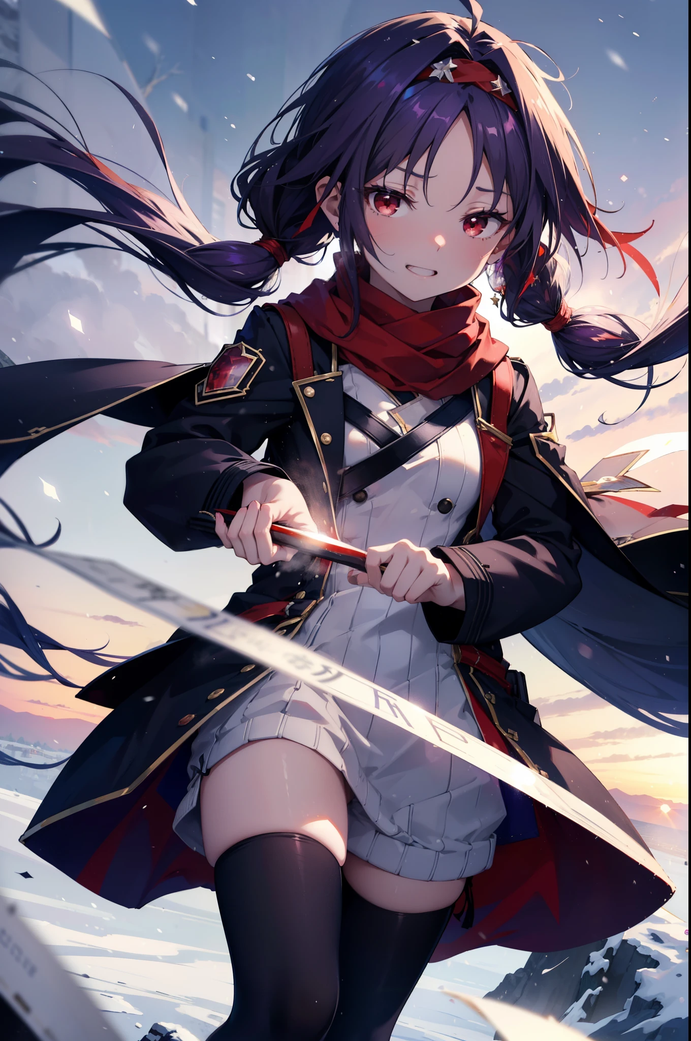 yuukikonno, Konno Yuuki, Long Hair, Pointed Ears, Purple Hair, (Red eyes:1.5), (Small breasts:1.2), Open your mouth,happy smile, smile, Open your mouth,hair band,low Twin tails red scarf,Purple long coat,V-neck sweater,Long skirt,short boots,snowが降っている,snowが降り積もっている,snow,snow,snow,snow,winter,Cold night,Walking,whole bodyがイラストに入るように,Looking down from above,
break looking at viewer, whole body,
break outdoors, In town,
break (masterpiece:1.2), Highest quality, High resolution, unity 8k wallpaper, (figure:0.8), (Beautiful attention to detail:1.6), Highly detailed face, Perfect lighting, Highly detailed CG, (Perfect hands, Perfect Anatomy),