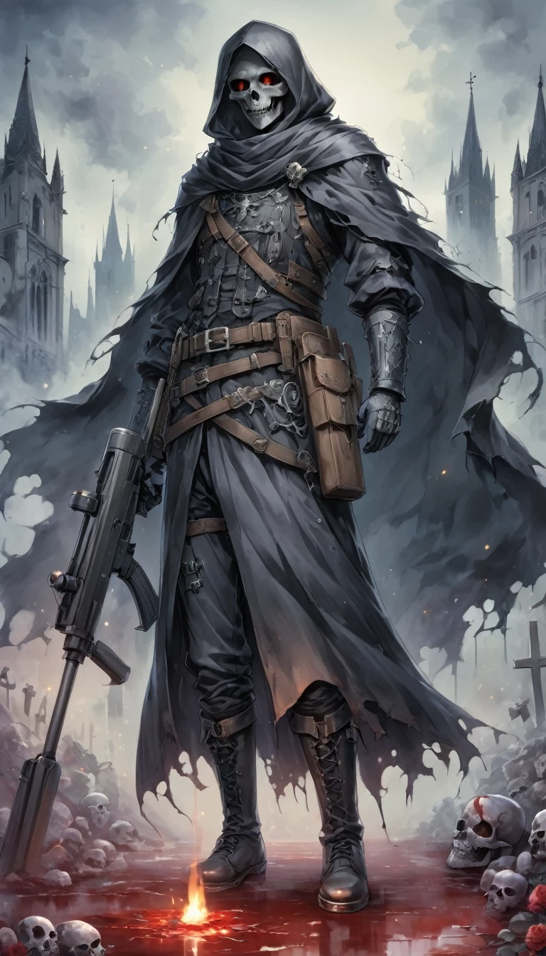 (Messenger from hell:1.4),Grim sniper holding a huge sniper rifle,Viewpoint from below,hell,magma,flame,(紫色flame:1.3),There is fresh Blood on the ground,Blood pool,dripping Blood,Gothic aesthetics,one、Rose、castle、cross、Blood、Cemetery, ETC...,这些元素体现了Gothic style的神秘感、solemn、Deep Functionality。Gothic style,Gothic style,about,cloak、象征浪漫的Rose、grave、Reaper、ruins、Gothic Cathedral, ETC.,Common elements of Gothic symbols。