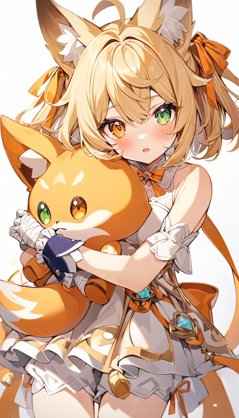 The fox girl,1girl, animal ears, bangs, bare shoulders, blonde hair, blush, bow, breasts, white cleavage, cropped torso, , green eyes, hair ribbon, heterochromia, holding, holding stuffed toy, looking at viewer, open mouth, orange bow, orange eyes, orange ribbon, ribbon, solo, stuffed animal, , , twintails, upper body, full-length, white legbands, white shoes with lace and white bows, white background, wrist cuffs, yellow eyes, bloomers, close-up, fair skin frills, lace, midriff, skirt, solo, , white background,shorts, white top with ribbon and lace and trousers,trousers, genshin,white slippers with a bow,All clothes are white, laceAt full height, it stands,bandaged hands, short hair
