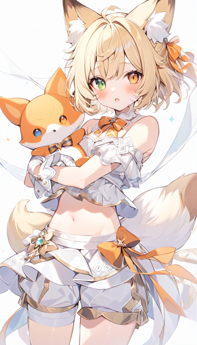 The fox girl,1girl, animal ears, bangs, bare shoulders, blonde hair, blush, bow, breasts, white cleavage, cropped torso, , green eyes, hair ribbon, heterochromia, holding, holding stuffed toy, looking at viewer, open mouth, orange bow, orange eyes, orange ribbon, ribbon, solo, stuffed animal, , , twintails, upper body, full-length, white legbands, white shoes with lace and white bows, white background, wrist cuffs, yellow eyes, bloomers, close-up, fair skin frills, lace, midriff, skirt, solo, , white background,shorts, white top with ribbon and lace and trousers,trousers, genshin,white slippers with a bow,All clothes are white, laceAt full height, it stands,bandaged hands, short hair