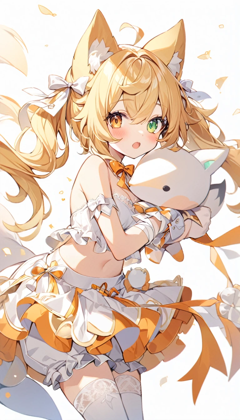 The fox girl,1girl, animal ears, bangs, bare shoulders, blonde hair, blush, bow, breasts, white cleavage, cropped torso, , green eyes, hair ribbon, heterochromia, holding, holding stuffed toy, looking at viewer, open mouth, orange bow, orange eyes, orange ribbon,  ribbon, solo, stuffed animal, , , twintails, upper body, full-length, white legbands, white shoes with lace and white bows, white background, wrist cuffs, yellow eyes, bloomers, close-up, fair skin frills, lace, midriff, skirt, solo, , white background,shorts, white top with ribbon and lace and trousers,trousers, genshin,white slippers with a bow,All clothes are white, laceAt full height, it stands,bandaged hands, short hair 