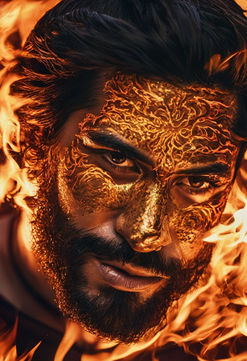 close-up of a man with fire on his face