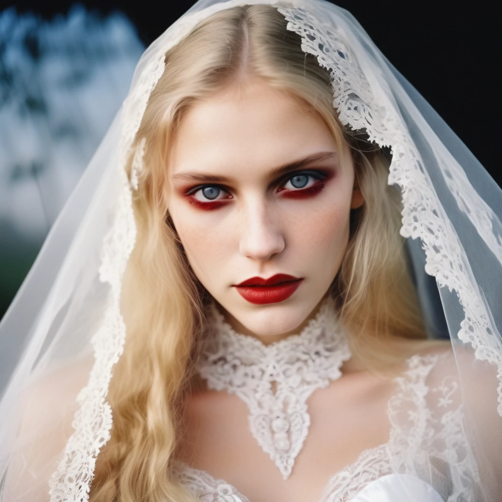 vampire bride,film photography aesthetic,the delicate texture of lace veil gently obscuring her face,long blonde hair,looking at viewer,eye eye contact,sapphire red eyes,choker,devil smile,dynamic composition,skin texture,from above,close-up,sharp focus,horror \(theme\),dutch angle,
