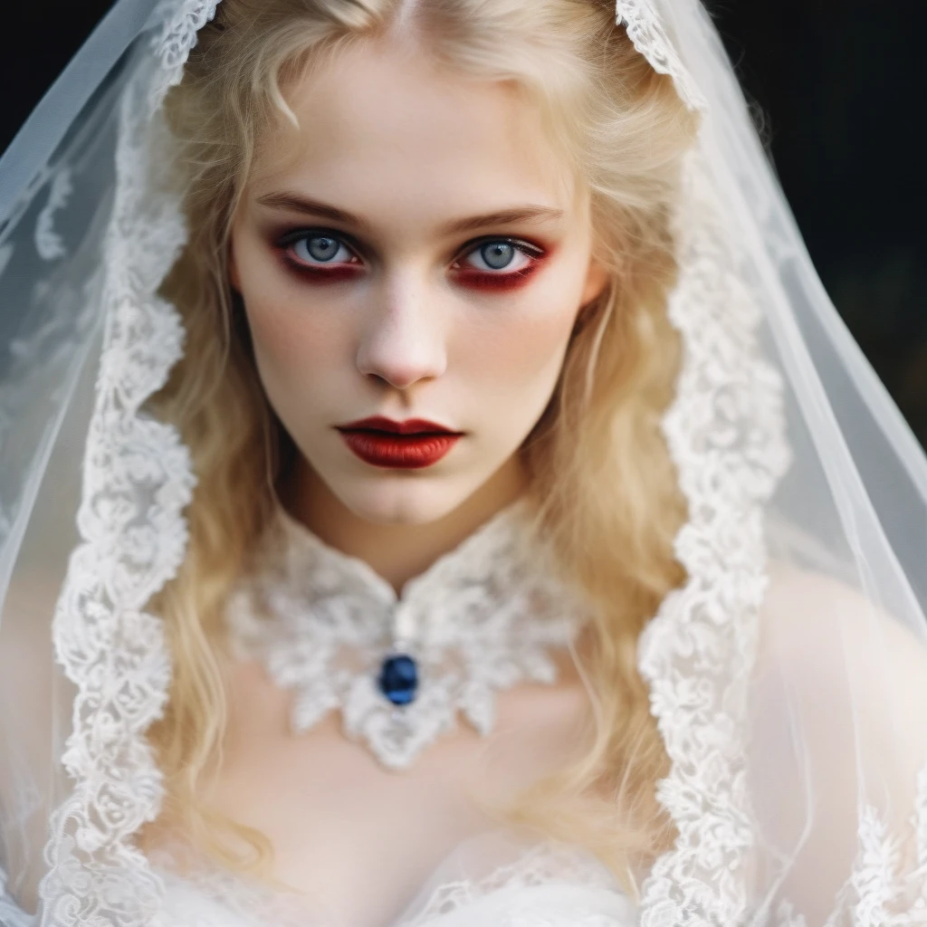 vampire bride,film photography aesthetic,the delicate texture of lace veil gently obscuring her face,long blonde hair,looking at viewer,eye eye contact,sapphire red eyes,choker,devil smile,dynamic composition,skin texture,from above,close-up,sharp focus,horror \(theme\),dutch angle,