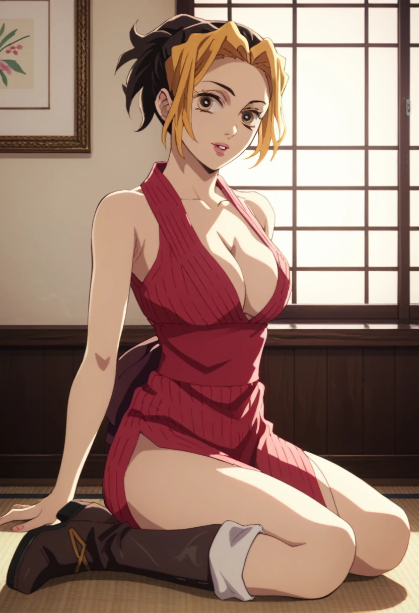 cleavage, score_9_up, score_8_up, score_7_up, 1girl, solo, mature female, Makio, tied hair, yellow eyes, pink lips, parted lips, fit slim body, perfect medium erected breast, (((red dress, high boots))), room, looking at the viewer, seductive pose