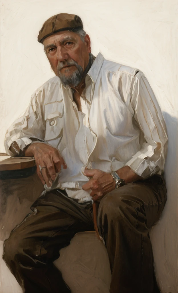 Oil painting of an old man ((best work of art)) ((very contrasted image)) ((White background)) dark blue vest, Brown hair, modern, jeans, current white background, Nick Alm, by Andrea Pozzo, Jeremy Lipking, range murata Jeremy Lipking, by Carlo Mense, inspired by Enrique Simonet, sargento marshénnikov, by Michael Ford, krenzcushart, Jeremy Lipking full length shot, by Josep Rovira Soler