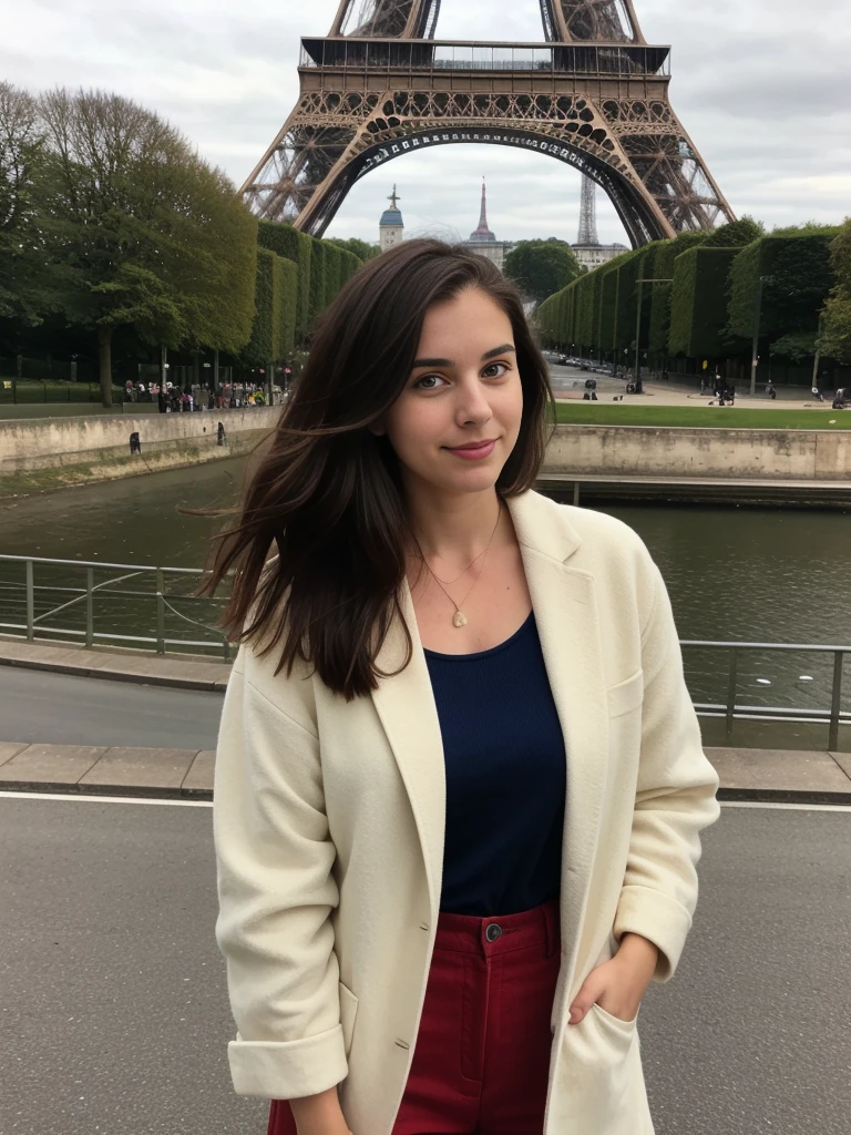 Madeline Lewis, 1girl, solo, (((consistent face and image))), ((brunette hair)), ((cranky hair)), ((20 years old)), realistic, photorealistic, short hair, (((Caucasian mature woman))), (Swiss woman), (Swiss nose), (Swiss thick lips), posing outside the Iconic landmark of Eifel tower, smirking, standing, wearing In style in trend Generation-Z modern wear different colored,
