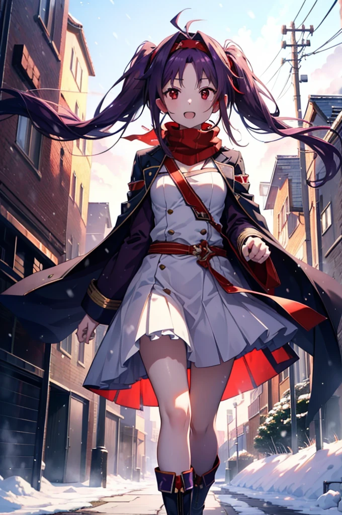 yuukikonno, Konno Yuuki, Long Hair, Pointed Ears, Purple Hair, (Red eyes:1.5), (Small breasts:1.2), Open your mouth,happy smile, smile, Open your mouth,hair band,low Twin tails red scarf,Purple long coat,V-neck sweater,Long skirt,short boots,snowが降っている,snowが降り積もっている,snow,snow,snow,snow,winter,Cold night,Walking,whole bodyがイラストに入るように,Looking down from above,
break looking at viewer, whole body,
break outdoors, In town,
break (masterpiece:1.2), Highest quality, High resolution, unity 8k wallpaper, (figure:0.8), (Beautiful attention to detail:1.6), Highly detailed face, Perfect lighting, Highly detailed CG, (Perfect hands, Perfect Anatomy),