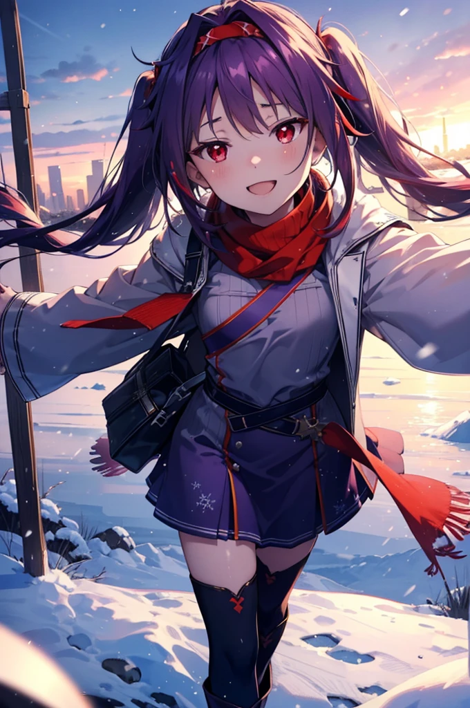 yuukikonno, Konno Yuuki, Long Hair, Pointed Ears, Purple Hair, (Red eyes:1.5), (Small breasts:1.2), Open your mouth,happy smile, smile, Open your mouth,hair band,low　Twin tails red scarf,Purple long coat,V-neck sweater,Long skirt,short boots,snowが降っている,snowが降り積もっている,snow,snow,snow,snow,winter,Cold night,Walking,whole bodyがイラストに入るように,Looking down from above,
break looking at viewer,  whole body,
break outdoors, In town,
break (masterpiece:1.2), Highest quality, High resolution, unity 8k wallpaper, (figure:0.8), (Beautiful attention to detail:1.6), Highly detailed face, Perfect lighting, Highly detailed CG, (Perfect hands, Perfect Anatomy),