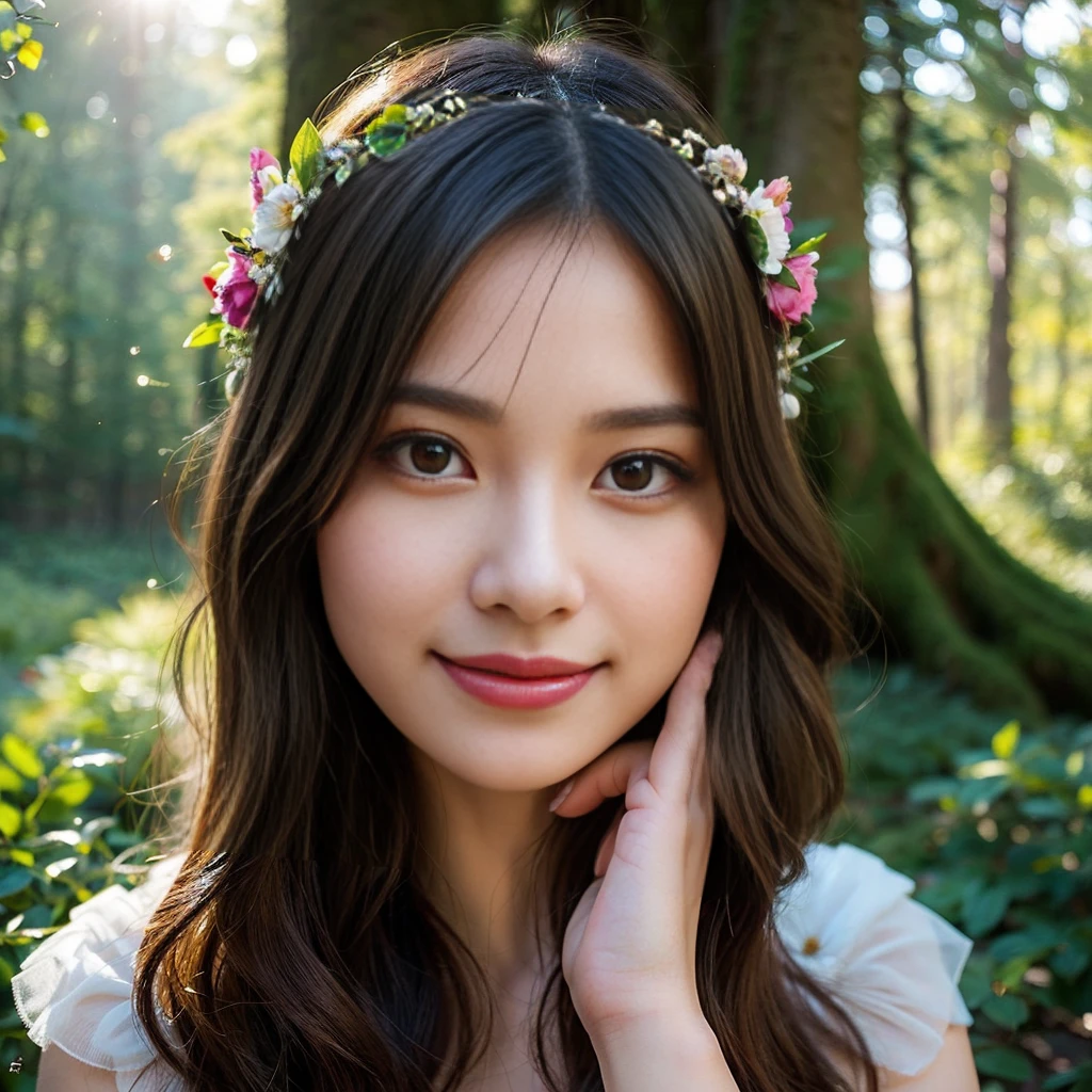 a gorgeous and lovely girl, beautiful detailed eyes, beautiful detailed lips, extremely detailed eyes and face, long eyelashes, delicate facial features, soft skin, beautiful smile, ethereal beauty, elegant posture, intricate floral crown, flowing dress, magical forest background, sunlight filtering through the trees, warm color palette, cinematic lighting, photorealistic, 8k, high quality, masterpiece