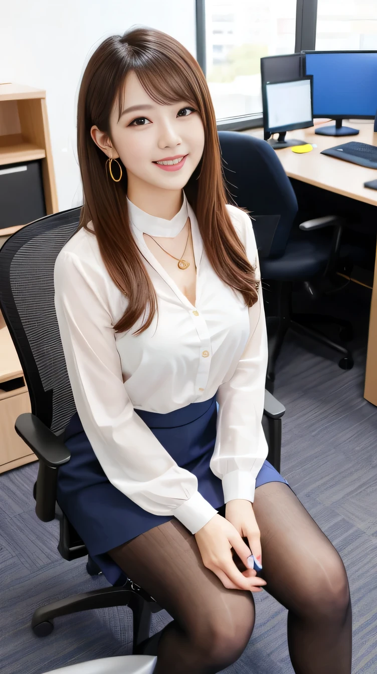 high quality:1.2), RAW Photos, High resolution, Very detailed, Intricate details, 、Woman sitting in office chair、（Full body photo）ear piercing、smile、Black Hair,、Hair length to shoulders(Front view, ), Clear beauty, Standing in an office room, Upper Body, (High Quality Fabric, Office Lady Suits 、knee length skirt tights、pumps）、Necklace around the neck、, The background is the office

