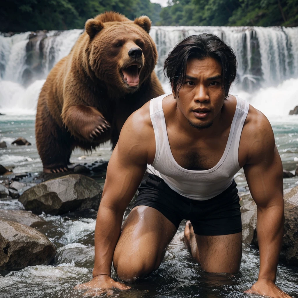 A handsome 30-year-old Indonesian man with layered hair, wearing a white singlet and black shorts, is crawling on a large rock by a river. His face shows fear as a large angry bear approaches from behind, ready to pounce. The background features a waterfall by the river.