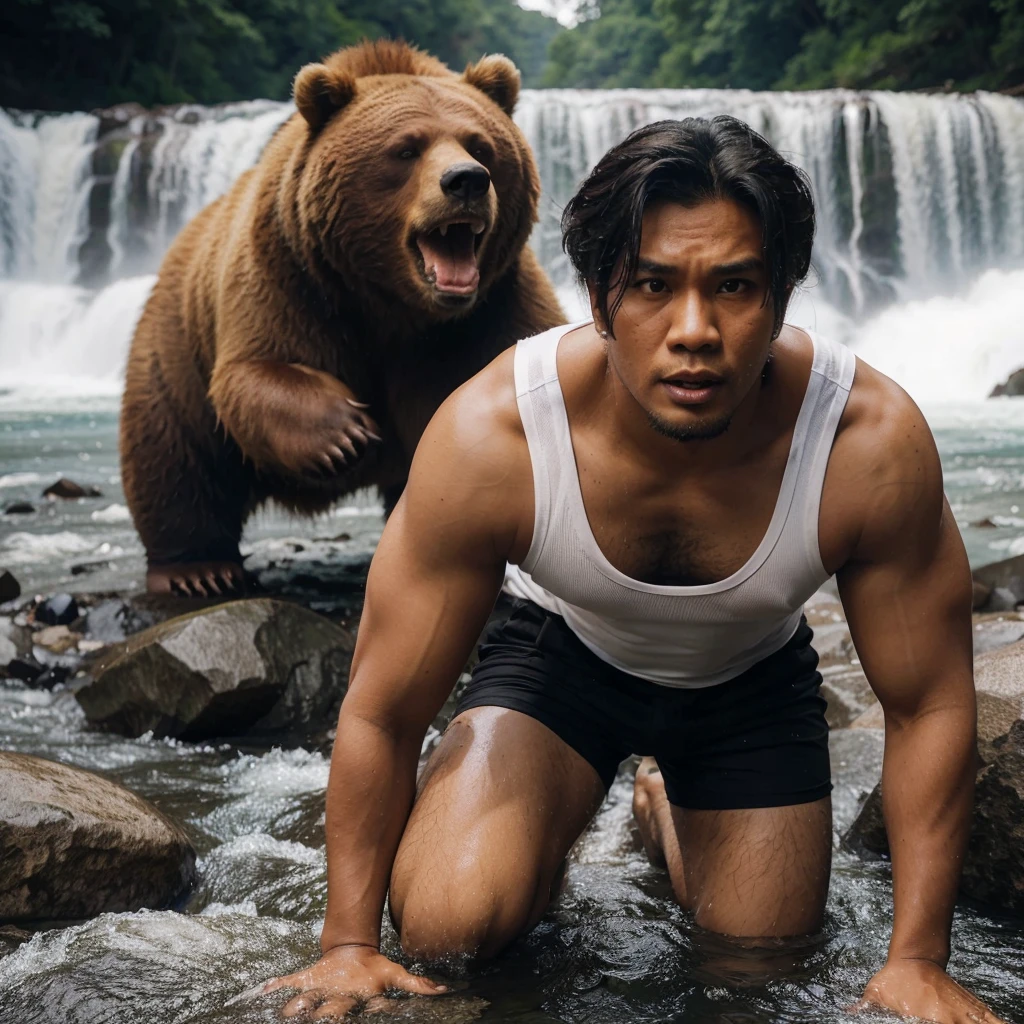 A handsome 30-year-old Indonesian man with layered hair, wearing a white singlet and black shorts, is crawling on a large rock by a river. His face shows fear as a large angry bear approaches from behind, ready to pounce. The background features a waterfall by the river.