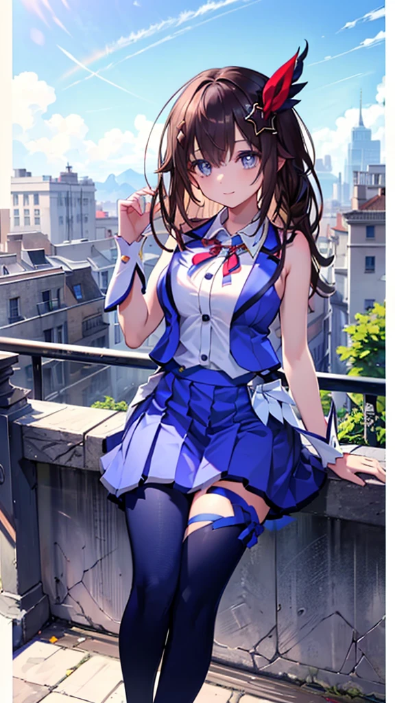 (Ultra-high resolution,masterpiece, Attention to detail, Highest quality), 8k,(ts1, white shirt, Blue vest, sleeveless, blue thighhighs, blue skirt, wrist cuffs, neck ribbon),(Blessed,Captivating body、Ultra-detailed skin、Super beautiful eyes、Detailed Background),One girl、 (enjoy :1.5),(blue clear sky, buzzer,rainbow, outdoor)