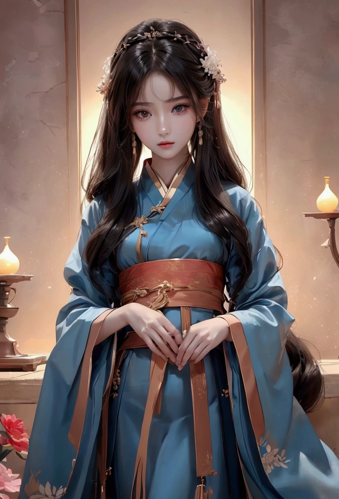 Best image quality、8k、masterpiece:1.3))、Realistic high-quality photos、Highest quality、 Beautiful face、Photos of slim models、Beautiful girl model、Young and pretty face、Beautiful model girl、A lovely and delicate face、Black Hair、Beautiful brown eyes、Young Body、Hanfu, (emphasize)、from the front、Camera gaze,、Anatomically correct、胸の谷間をemphasize、whole body、13-year-old female model