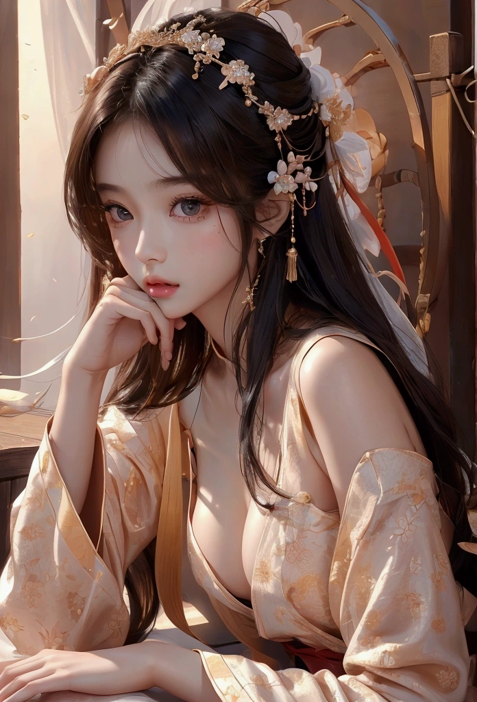 Best image quality、8k、masterpiece:1.3))、Realistic high-quality photos、Highest quality、 Beautiful face、Photos of slim models、Beautiful girl model、Young and pretty face、Beautiful model girl、A lovely and delicate face、Black Hair、Beautiful brown eyes、Young Body、Hanfu, (emphasize)、from the front、Camera gaze,、Anatomically correct、胸の谷間をemphasize、whole body、13-year-old female model