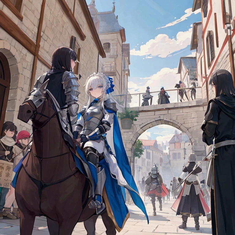Elliot was training with the townspeople in the town square.、Draw a scene where a knight appears on horseback.。The knight dismounted、I'm giving Elliot some urgent news.。In the background, residents can be seen preparing for defense and continuing training.、The seriousness of Elliot's expression and the impatience of the knight are emphasized.。Including the scene where Elliot rushes to Alisa's side.、Please draw a scene where the whole town is in a state of tension as they prepare for a monster attack.。