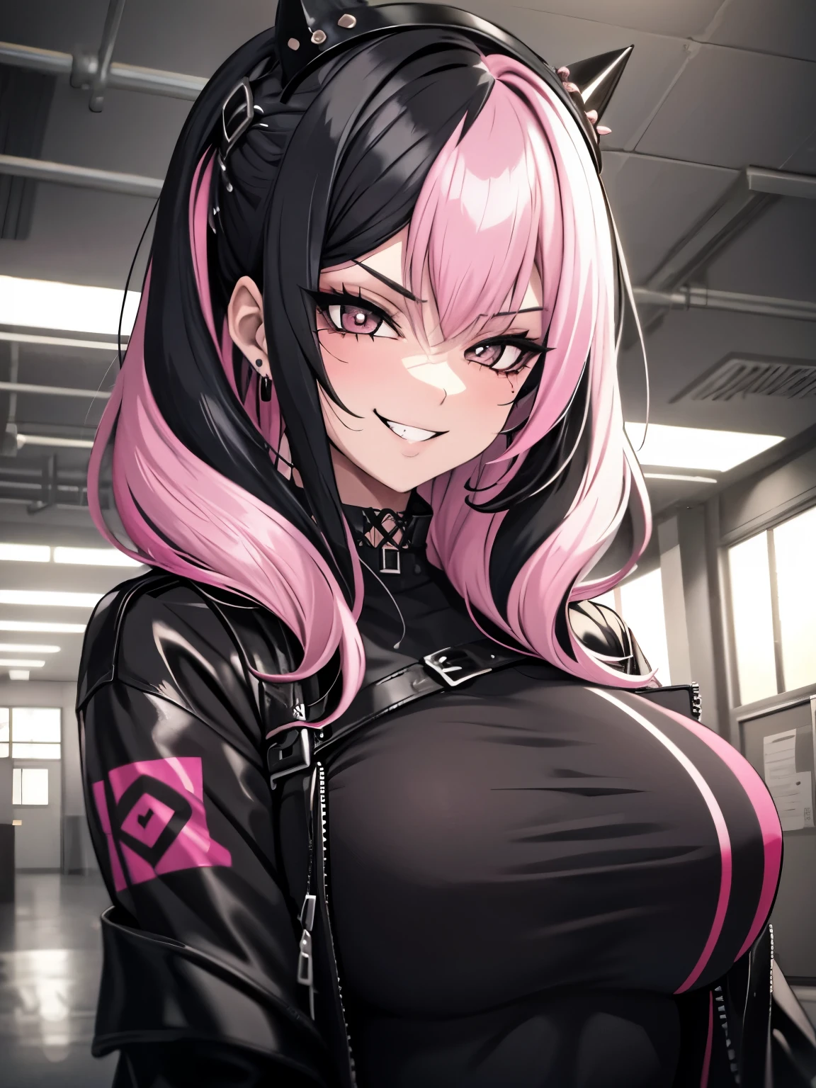 (1 girl, goth), 1girl, breasts, punk hairstyle, smug, grin, indoors, black lips, black hair with pink streaks