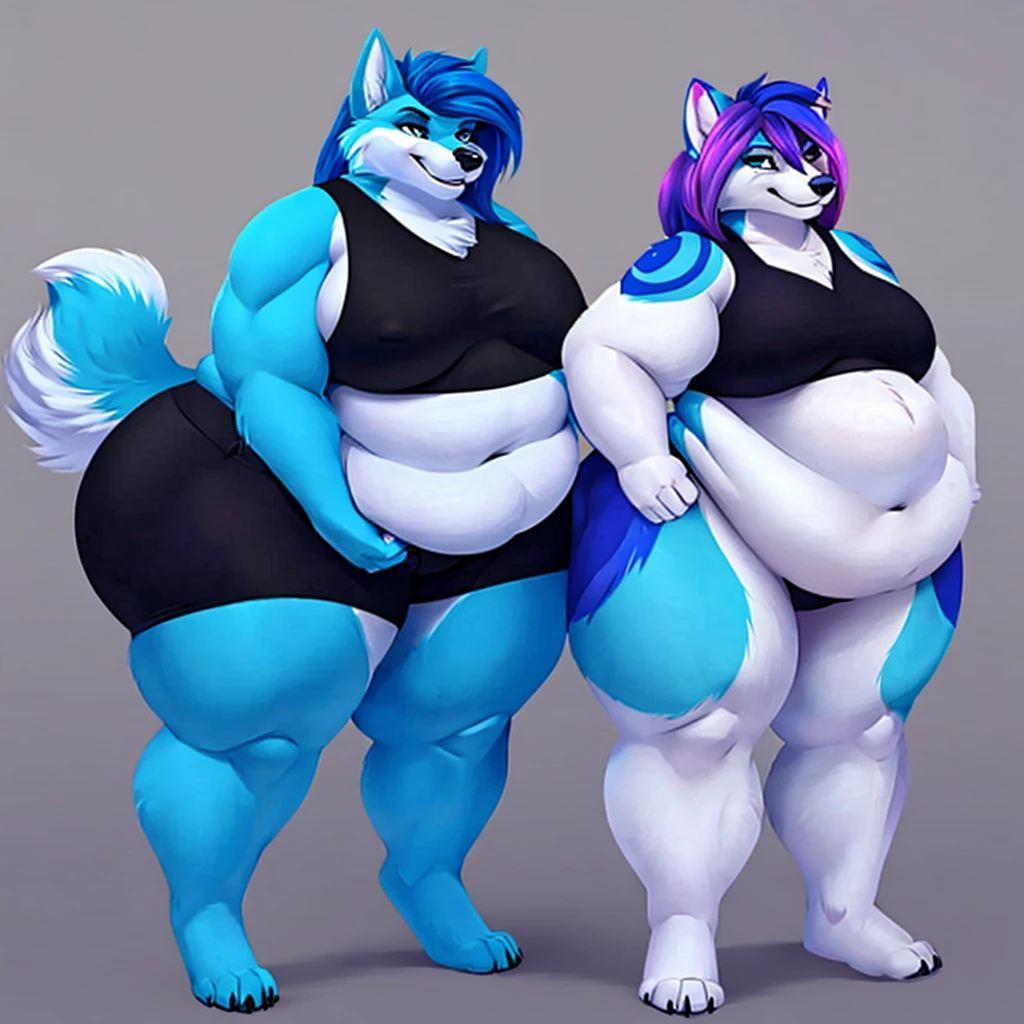 Malamute, female, long blue hair, black and blue body,huge , huge hips, huge thighs, plump, voluptuous, morbidlyobese, gorgeous, beautiful, eyelashes, black tank top, black shorts,fat arms, fat legs, belly rolls, fat rolls, hip fat rolls, double chin, chubby cheeks ,cyan hair,cyan fur, cyan eyes,pear-shapped figured, plantigrade, ,duo, lesbian