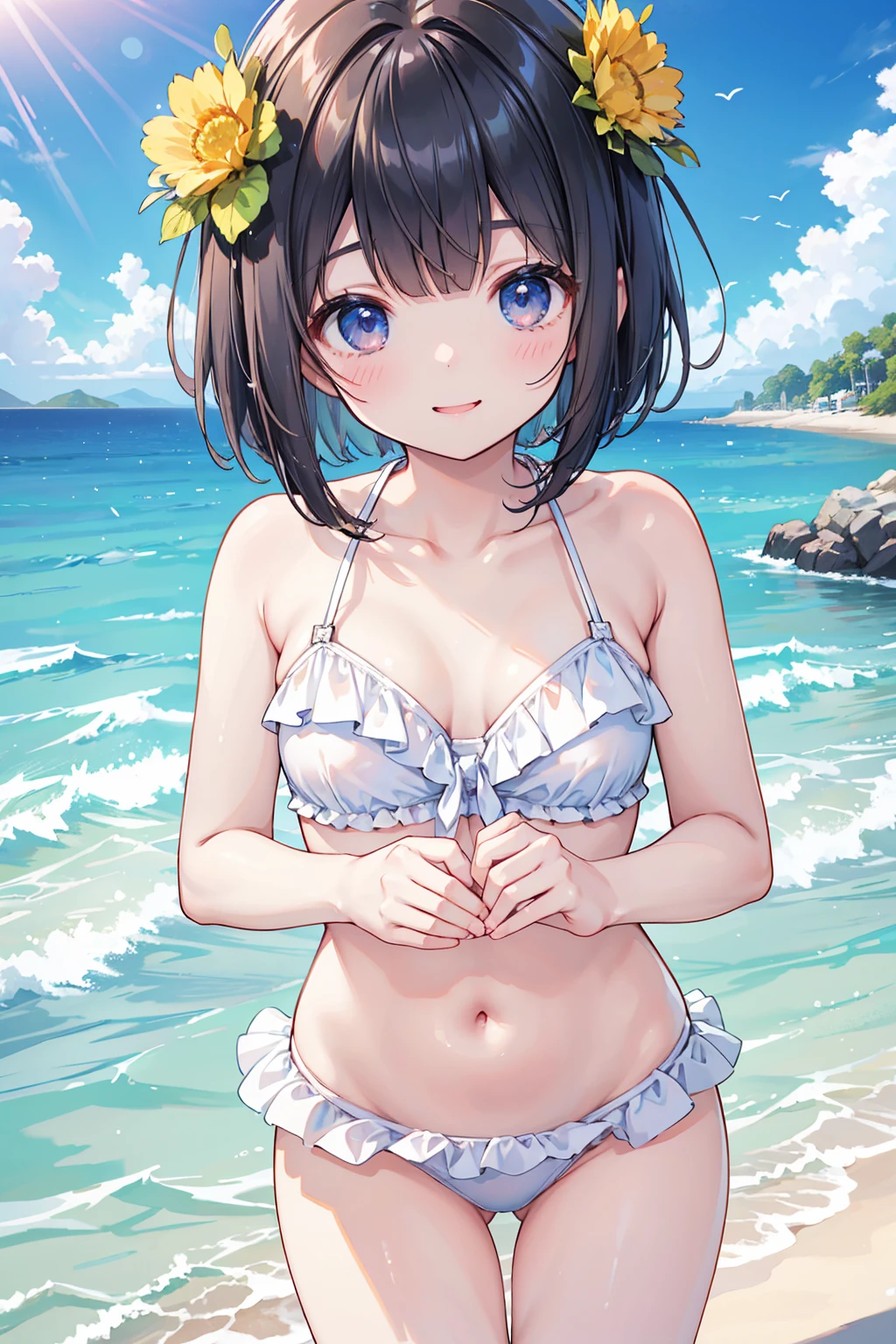 Photorealistic、Highest quality、Highest Resolution、Highest quality、8K、One beautiful woman、cute、Bob Cut Hair、Dark Hair Color、Beautiful breasts、cute水着、Frilled bikini、Beautiful sea、Beautiful beaches、looks fun、Frolic with a smile、