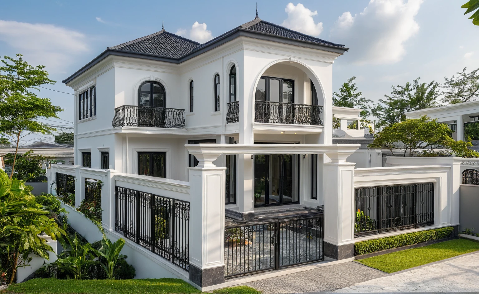 (masterpiece:1.2), best quality, photo of A two-story modern house in VietNam with white walls and dark tiles on the roof., tree and plant environment,daylight, streetcapes, natural light, vivid color, The exterior of an elegant single family home features large windows, a dark gray door frame.