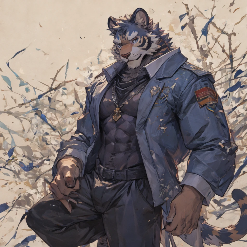 {{bara extremely handsome white tiger,}} {{white fur,}} white, wearing elegant ornate suit jacket, trousers, white dress shirt and necktie, white fluffy furry body and limbs, loafers, very tall, very broad shoulders, narrow waist, muscular arms, massive pecs, purple eyes, very long legs, massive bulge, sophisticated hot look, 3/4 view, best quality, high detail, CG image, character splash art, silver earring on left ear, sultry smirk