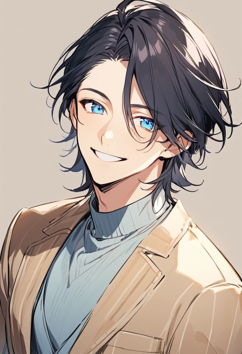 ikemen, simple background, stylish clothes, short black hair, blue eyes, looking at camera, smiling, happy