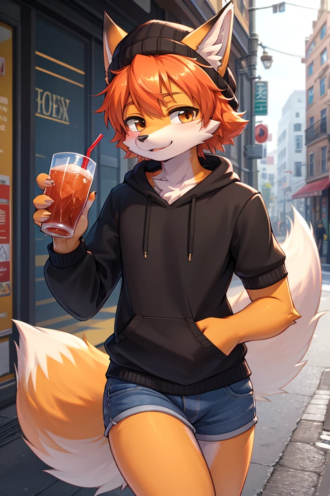 Furry,Fox,boy,8k resolution,Highest quality, Street style clothing,Knitted hat,I have a drink in my hand